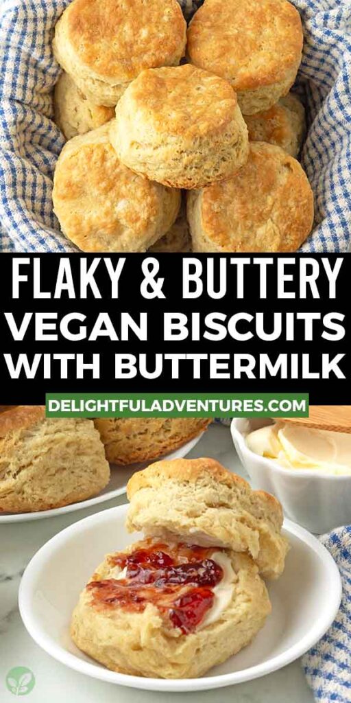 Pinterest pin with two images of vegan biscuits, this image is for pinning this recipe to Pinterest.