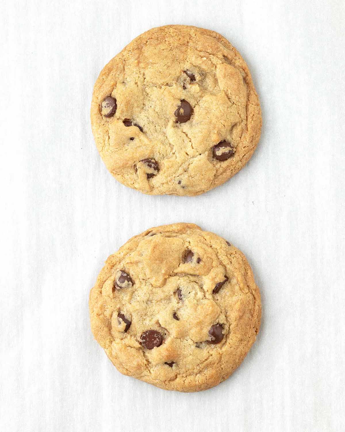 Two freshly baked chocolate chip cookies on a parchment lined-baking sheet.