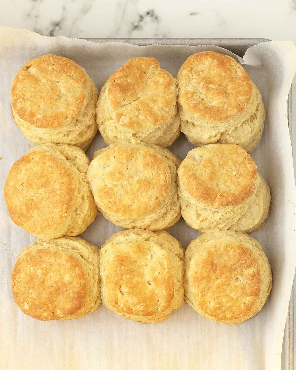 Freshly baked vegan biscuits still in the baking pan.