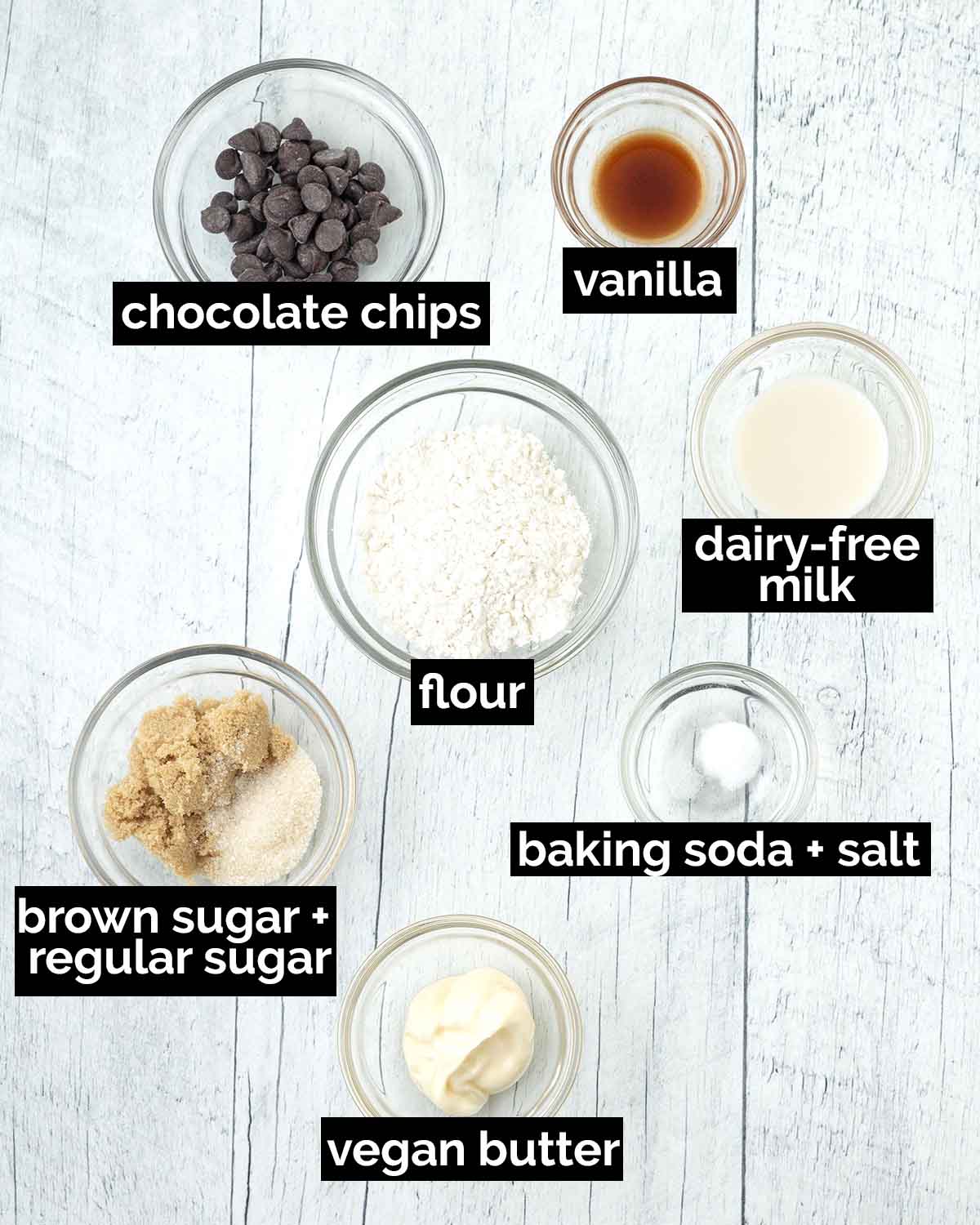 An overhead shot showing the ingredients needed to make a single serve vegan chocolate chip cookie.