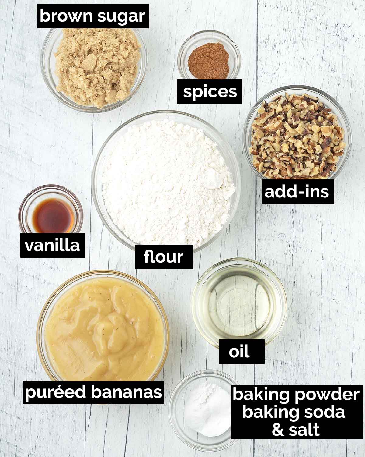 An overhead shot showing the ingredients needed to make vegan banana bread muffins.