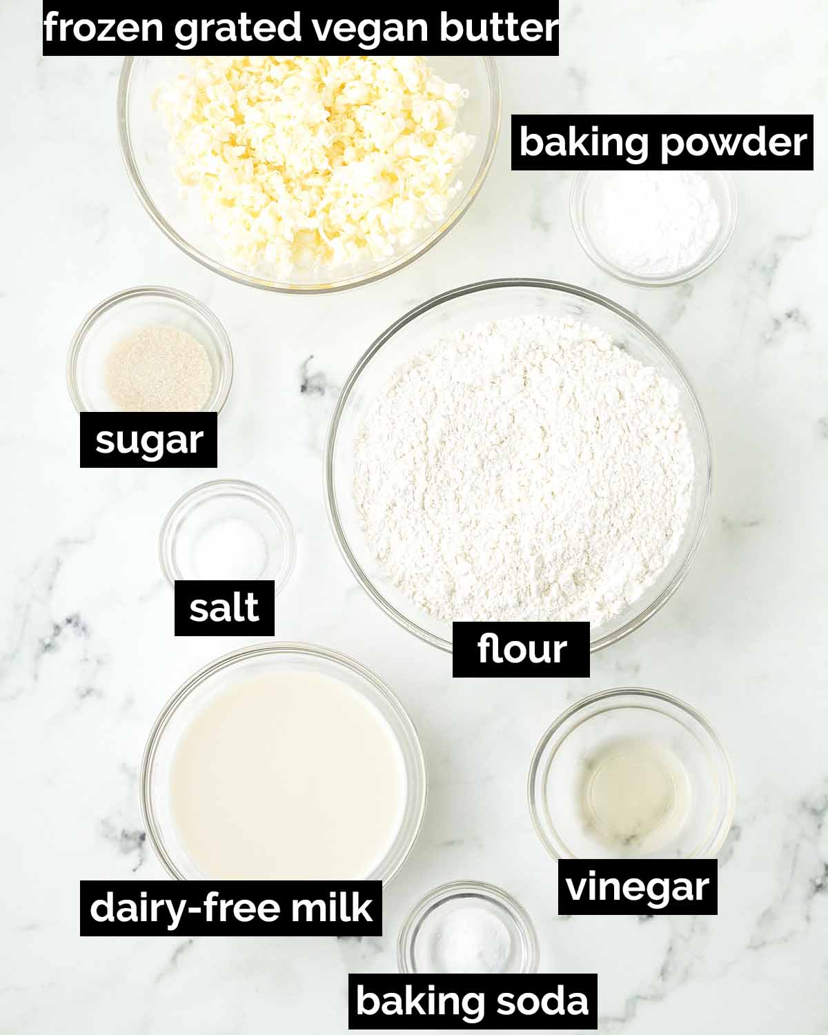 An overhead shot showing the ingredients needed to make vegan biscuits.