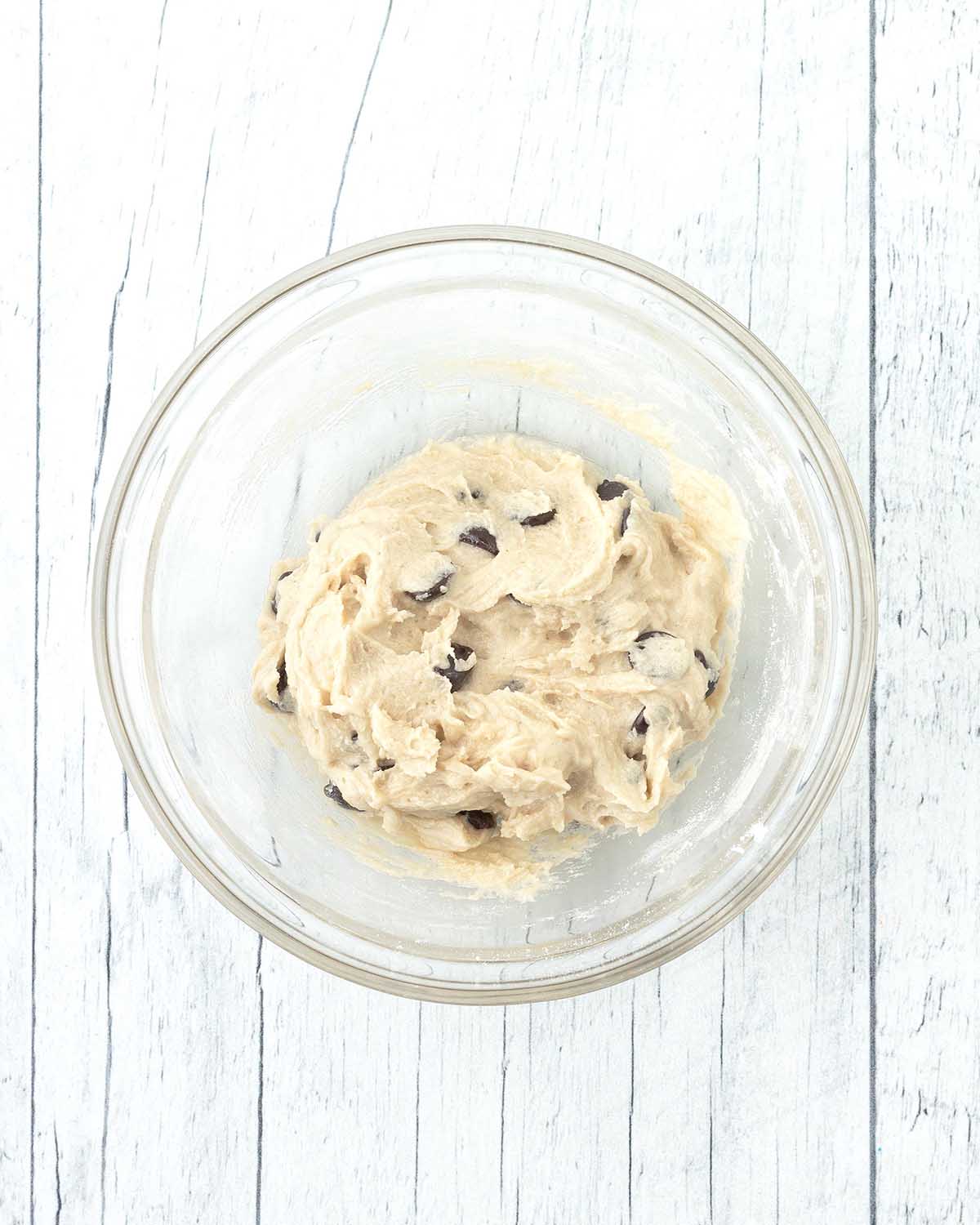 Cookie dough in a glass bowl.