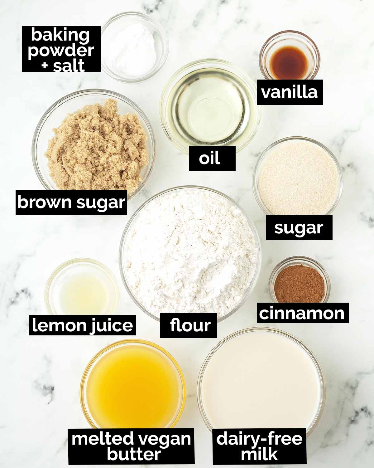 An overhead shot showing the ingredients needed to make vegan coffee cake.