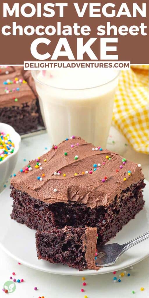 Pinterest pin with a picture of a square of vegan chocolate sheet cake, this image is for pinning this recipe to Pinterest.