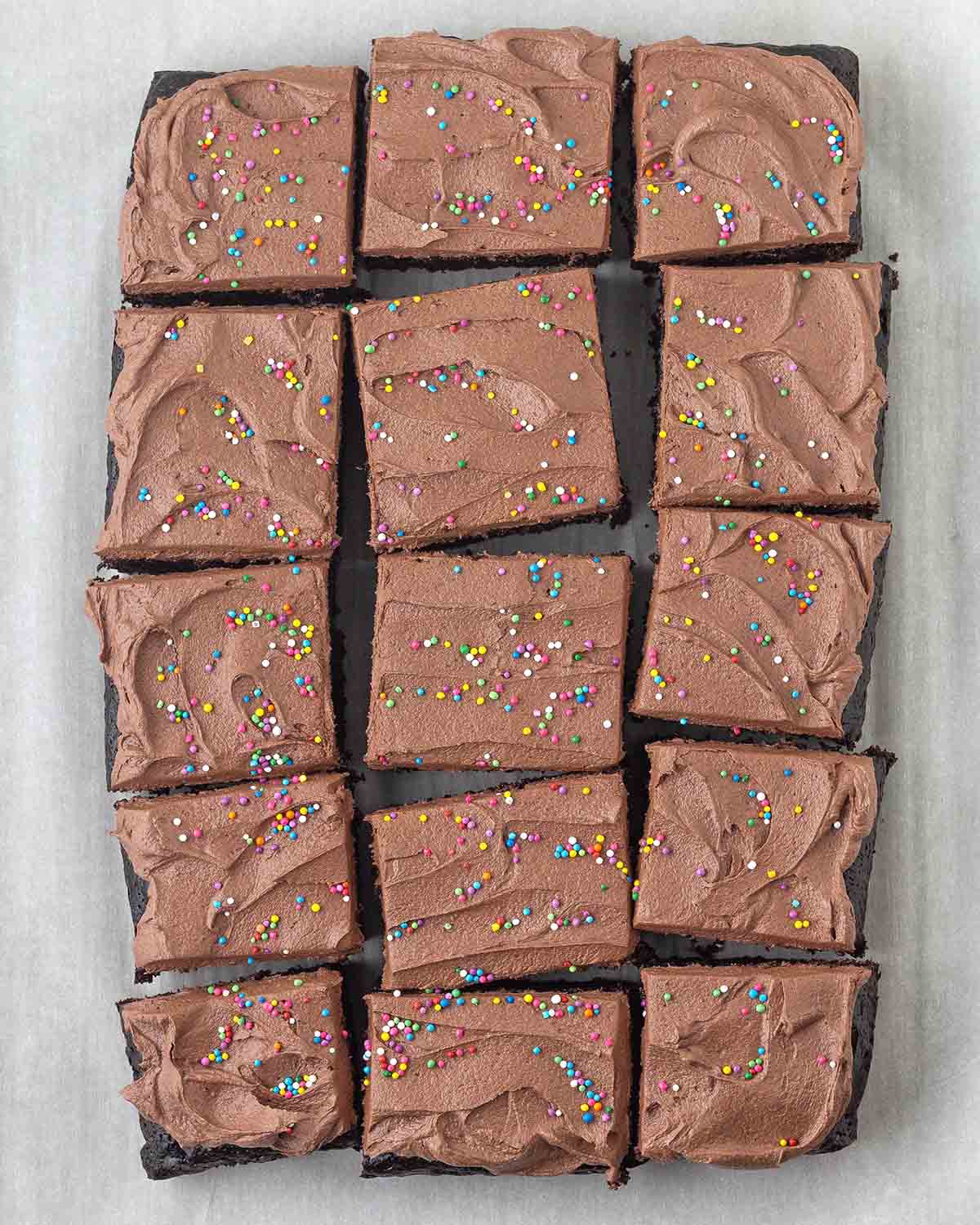 A frosted vegan chocolate sheet cake sliced into fifteen squares.