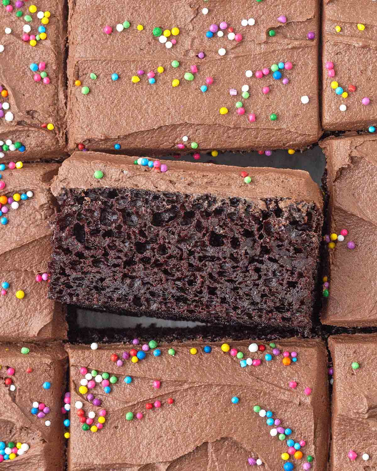 An overhead image of sliced chocolate sheet cake, the square in the middle is on its side to show the fluffy texture.
