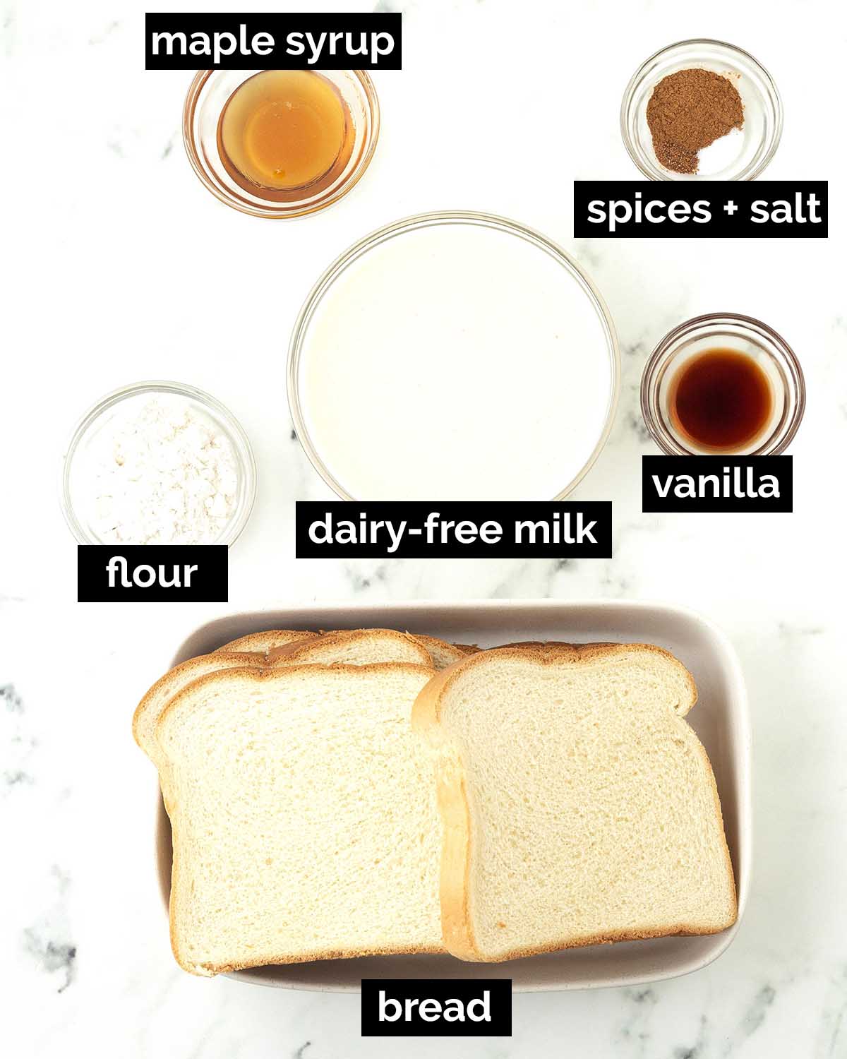 An overhead shot showing the ingredients needed to make vegan French toast.