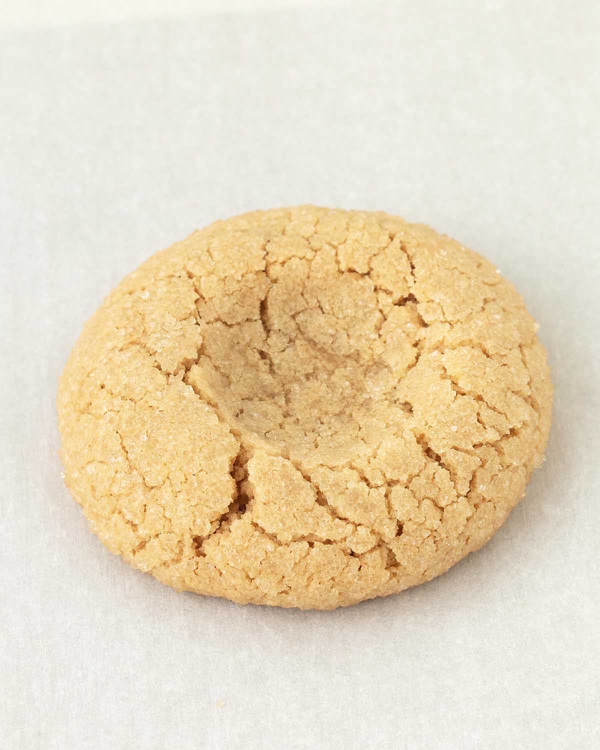 A peanut butter cookie with an indent in the center.