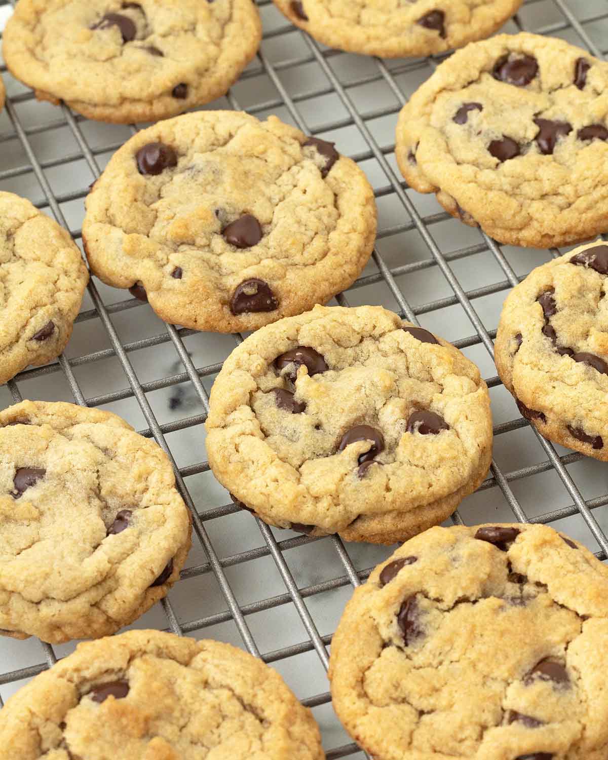 Chocolate chip cookies cooling on a metal rack.