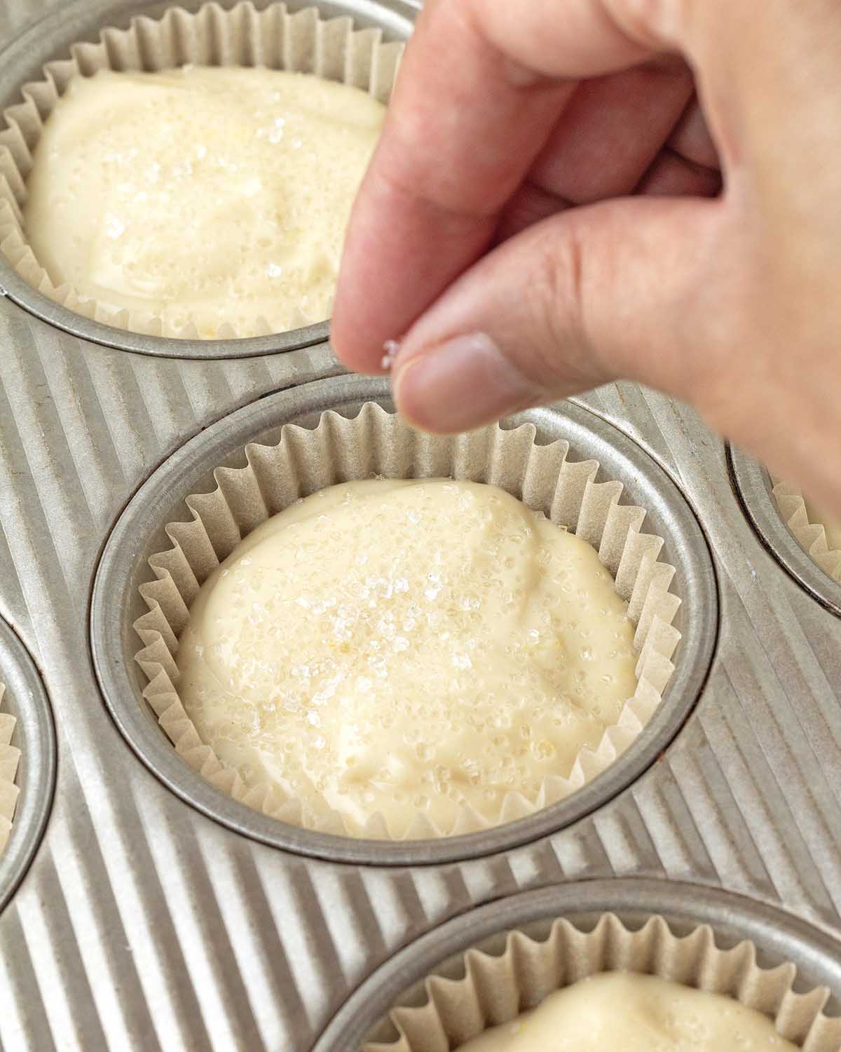 A hand sprinkling coarse sugar on top of an unbaked lemon muffin.
