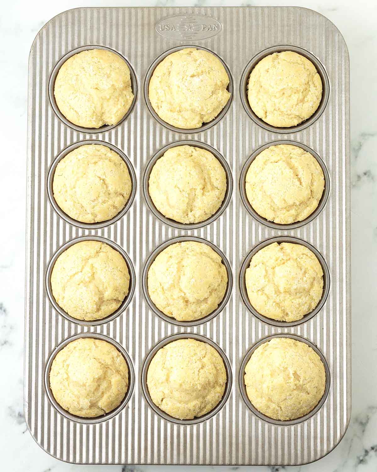 Freshly baked lemon muffins in a muffin pan.