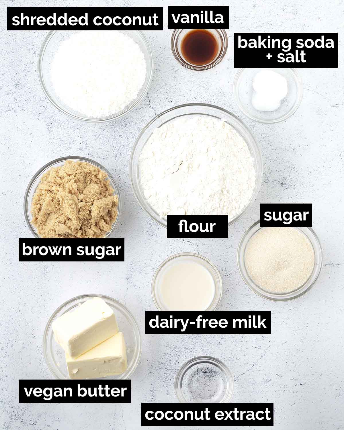 An overhead shot showing the ingredients needed to make vegan coconut cookies.