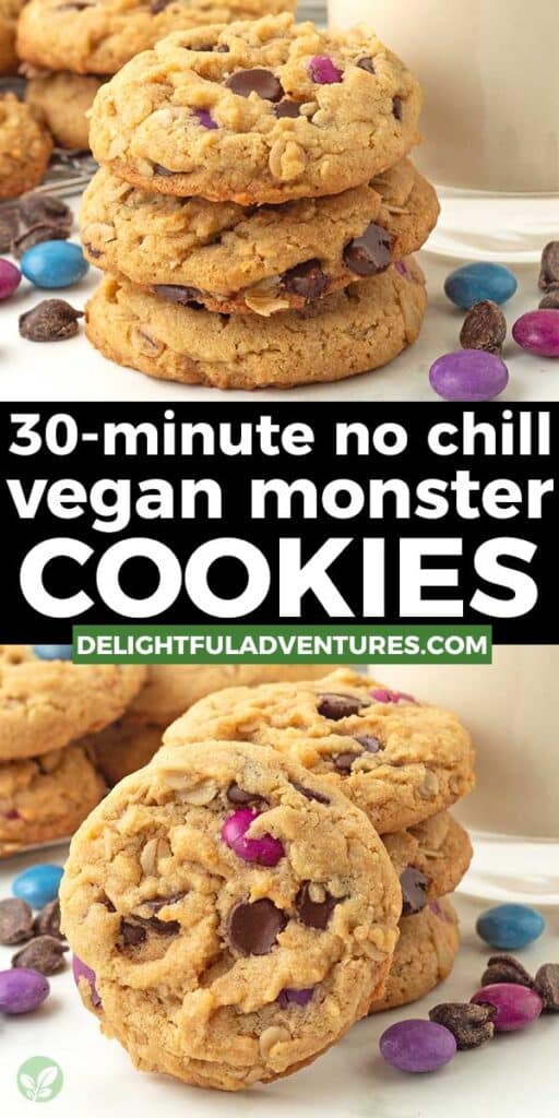 Pinterest pin with two images of vegan monster cookies, this image is for pinning this recipe to Pinterest.