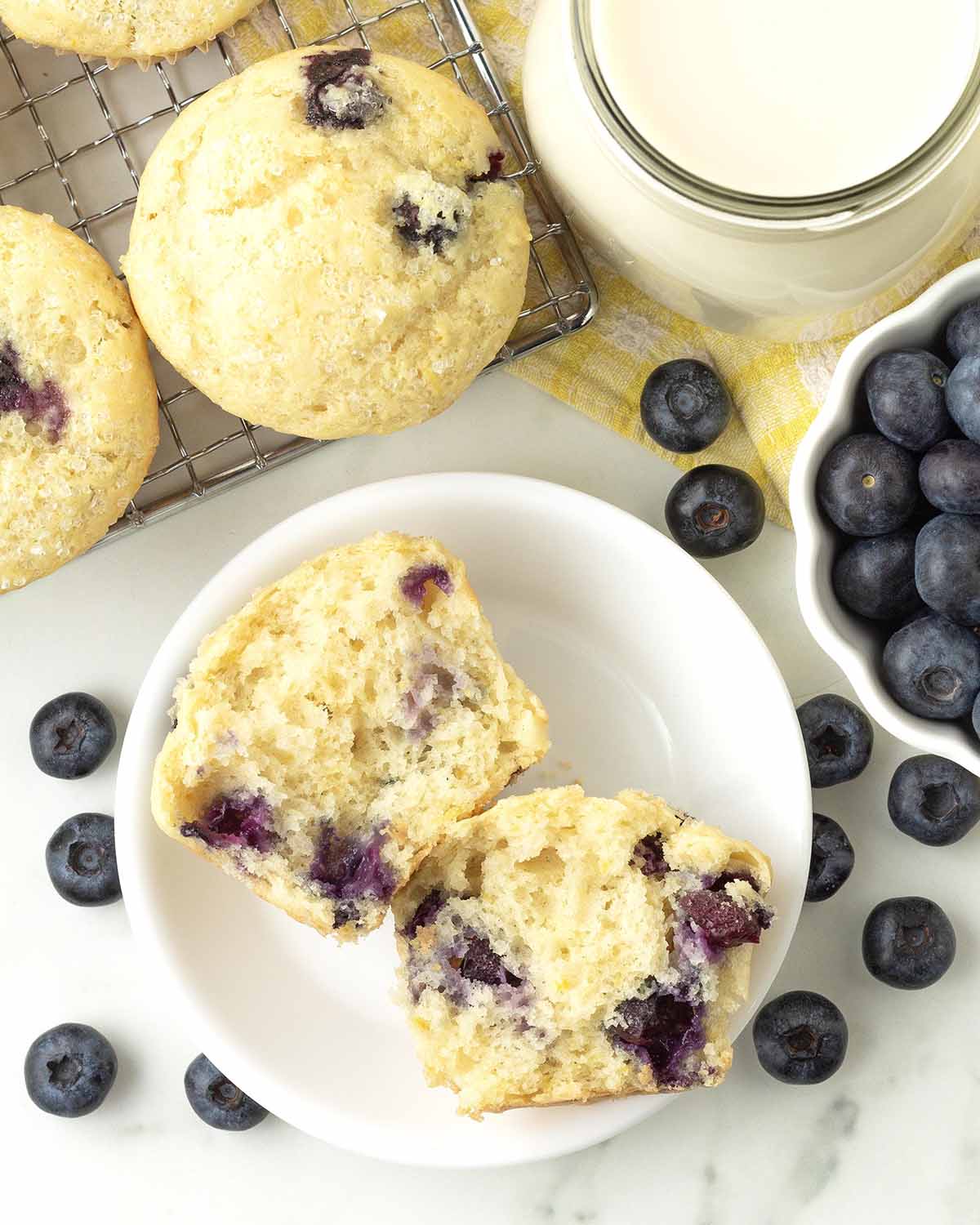 A lemon blueberry muffin on a small plate, the muffin has been split in half to show the fluffy interior.