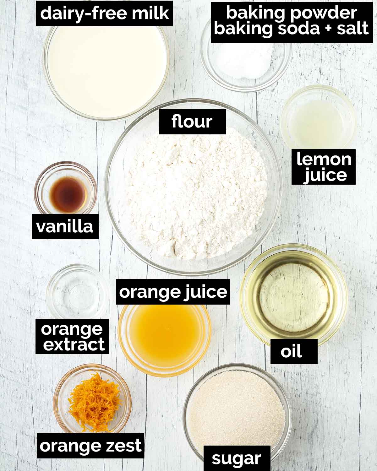 An overhead image showing the ingredients needed to make vegan orange muffins.