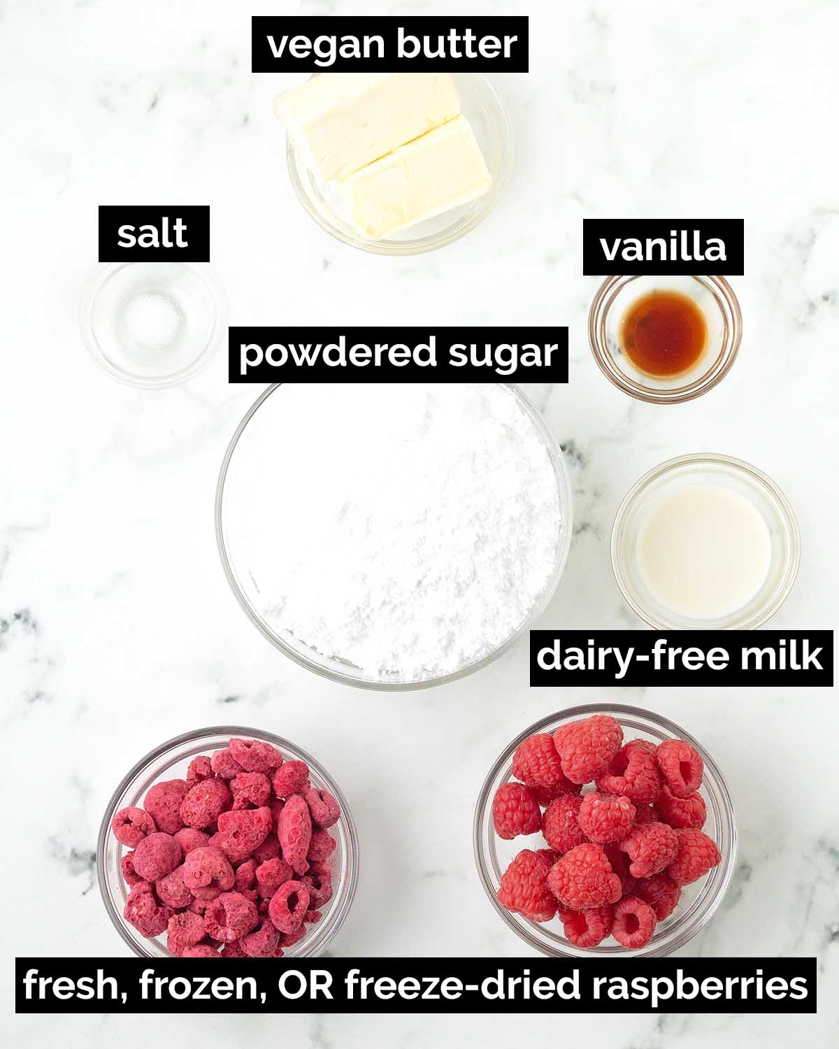 An overhead image showing the ingredients needed to make vegan raspberry frosting.