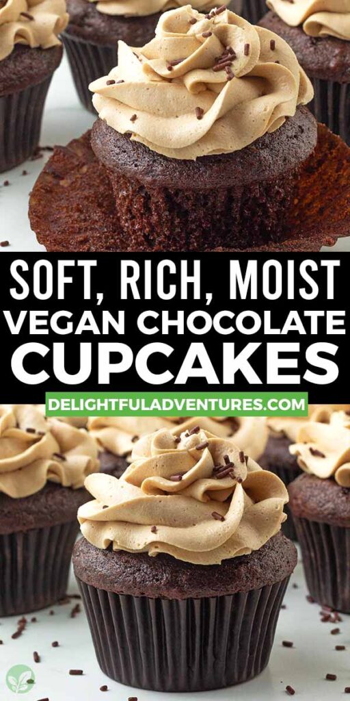 Pinterest pin with two images of vegan chocolate cupcakes, this image is for pinning this recipe to Pinterest.