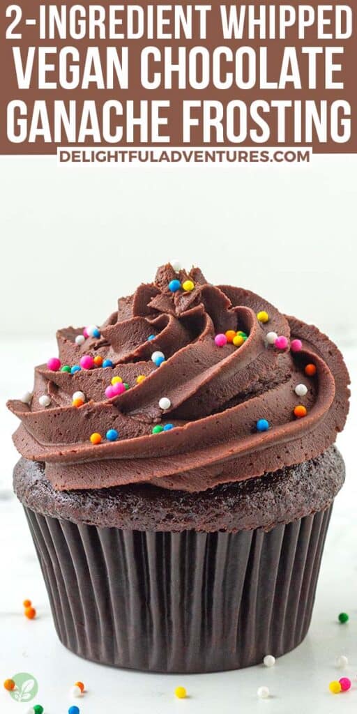 Pinterest pin showing a cupcake being piped with vegan chocolate ganache frosting.