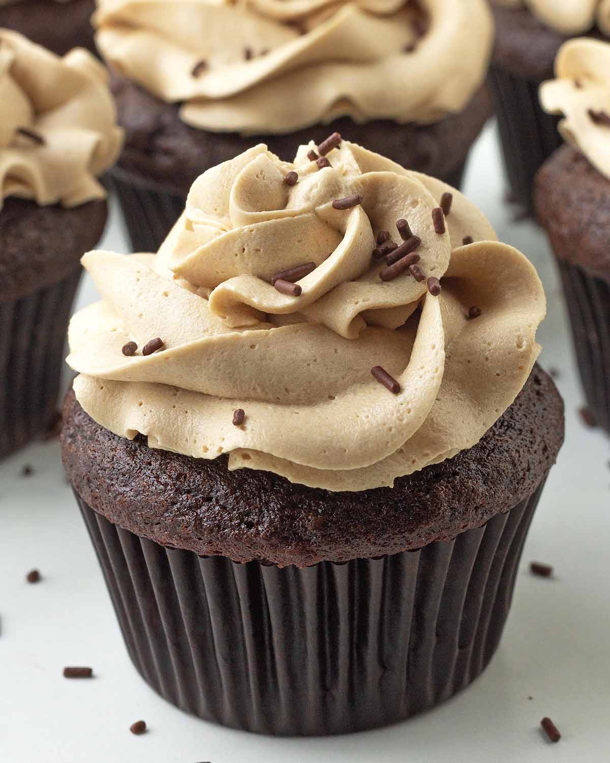 A close up of a frosted chocolate cupcake with chocolate sprinkles.