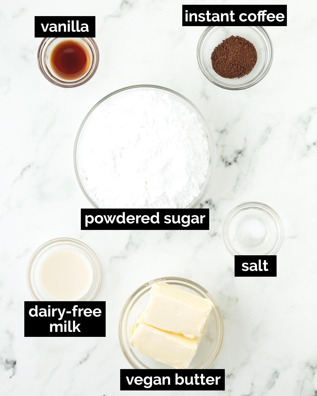 An overhead image showing the ingredients needed to make vegan coffee frosting.