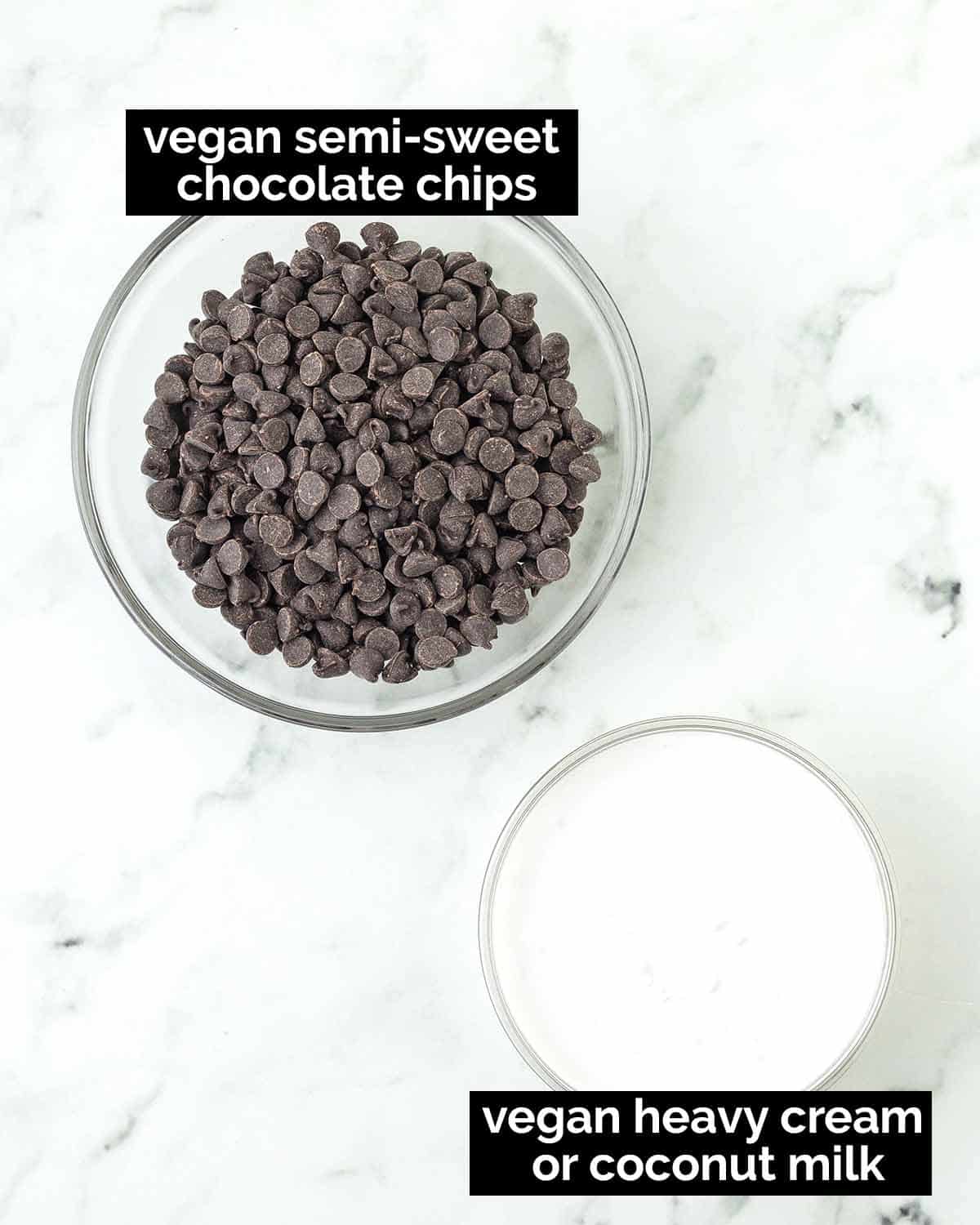 An overhead image showing the ingredients needed to make vegan chocolate ganache frosting.