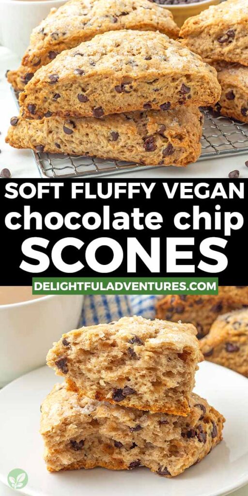 Pinterest pin with two images of vegan chocolate chip scones, this image is for pinning this recipe to Pinterest.