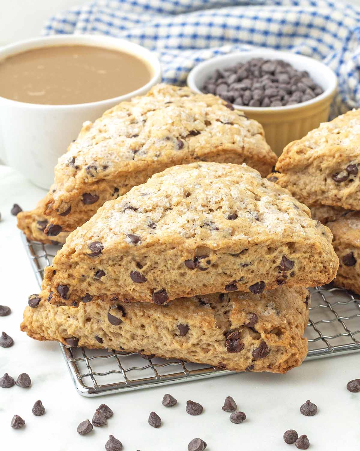 Chocolate chip scones on a metal rack.