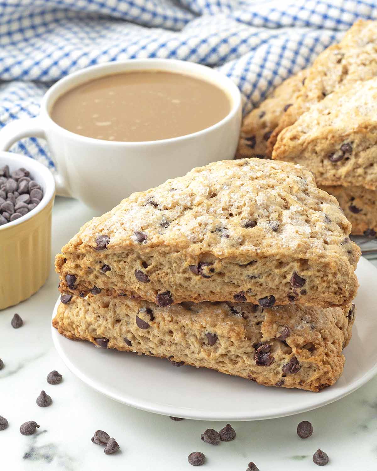 Two chocolate chip scones on a white plate.