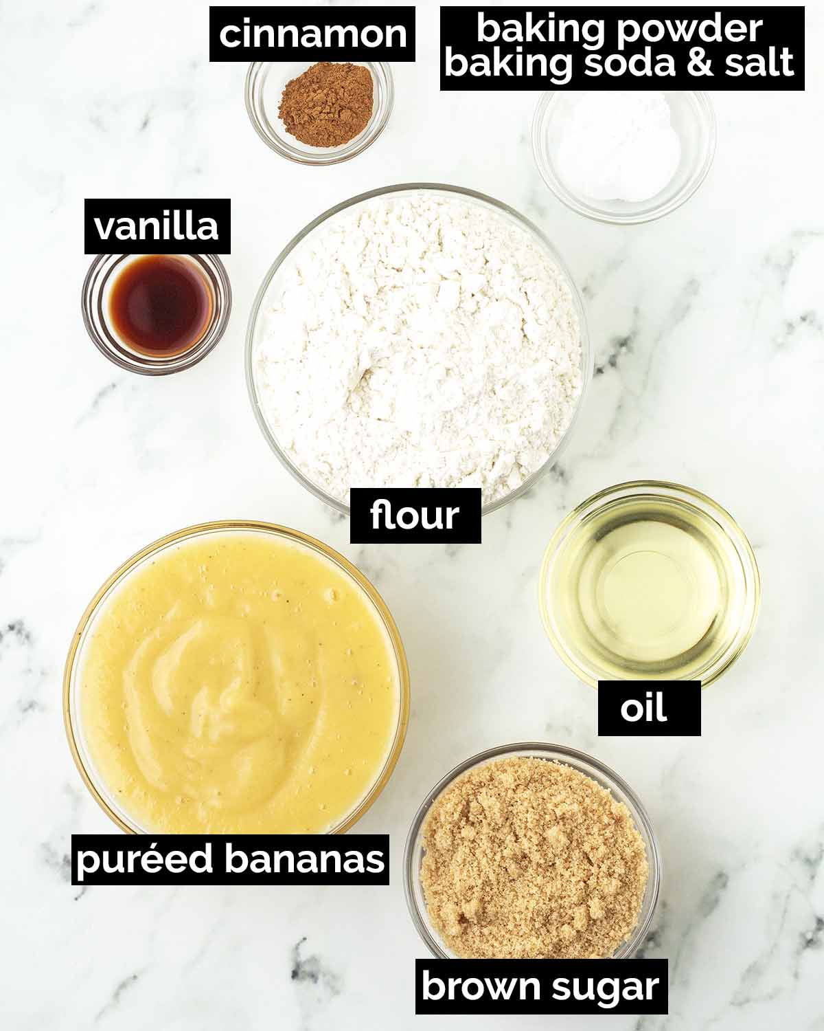 An overhead image showing the ingredients needed to make vegan banana bread.