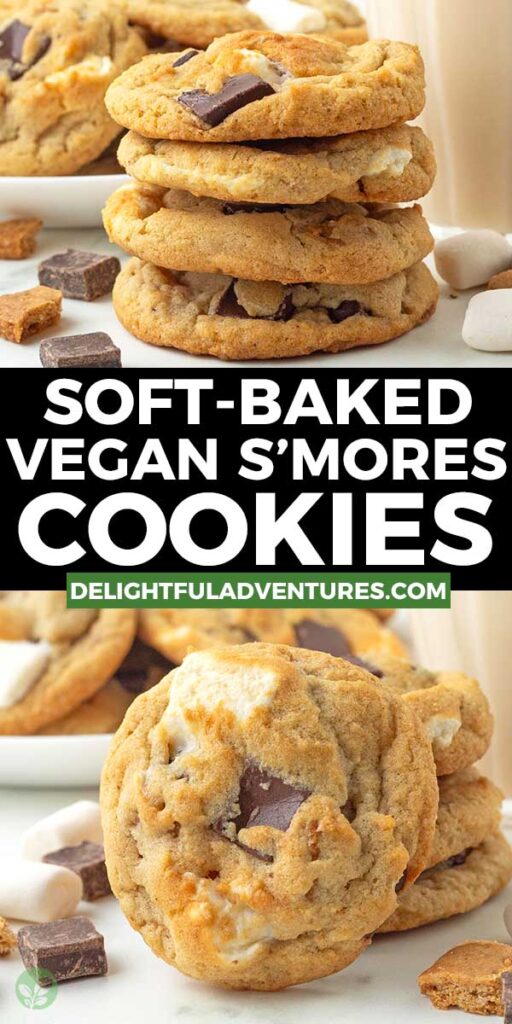 Pinterest pin with two images of vegan s'mores cookies, this image is for pinning this recipe to Pinterest.