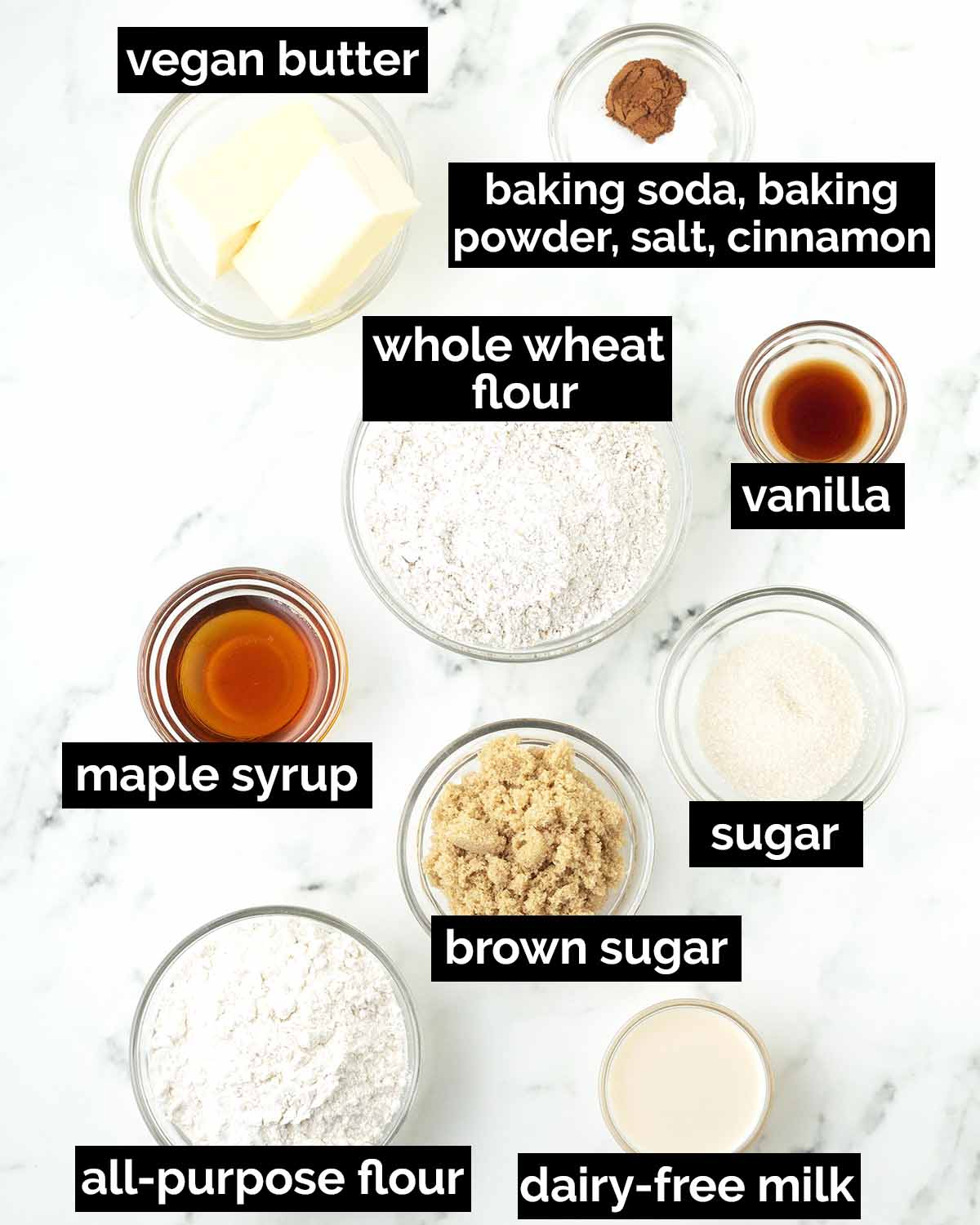 An overhead shot showing the ingredients needed to make vegan graham crackers.