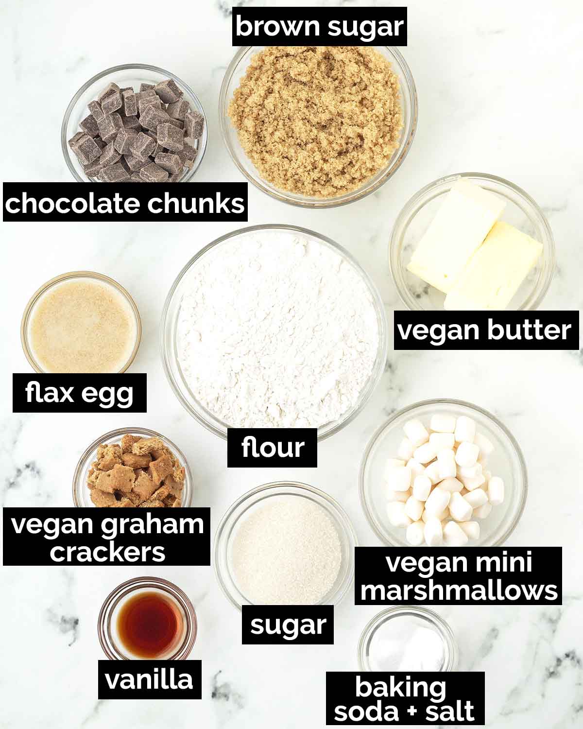 An overhead shot showing the ingredients needed to make vegan smores cookies.
