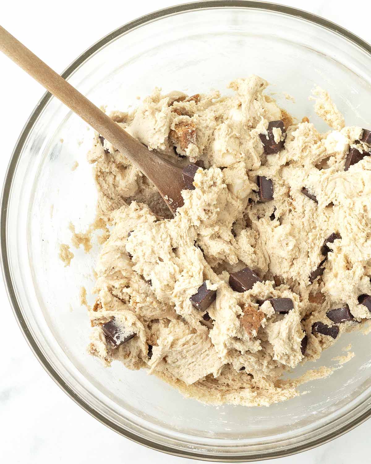 S'mores cookie dough in a glass bowl.