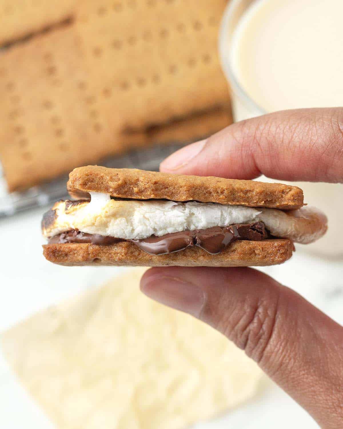 A hand holding a s'more.