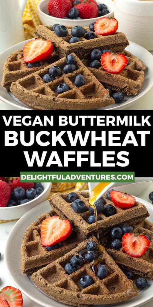 Pinterest pin with two images of vegan buckwheat waffles, this image is for pinning this recipe to Pinterest.