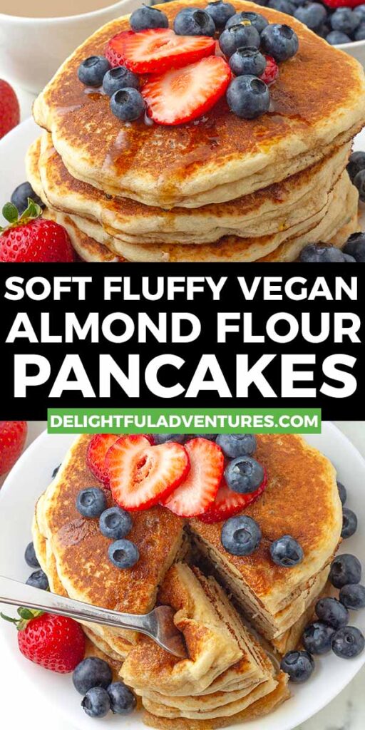 Pinterest pin with two images of vegan almond flour pancakes, this image is for pinning this recipe to Pinterest.