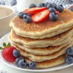 Five pancakes stacked on a plate with fresh berries.