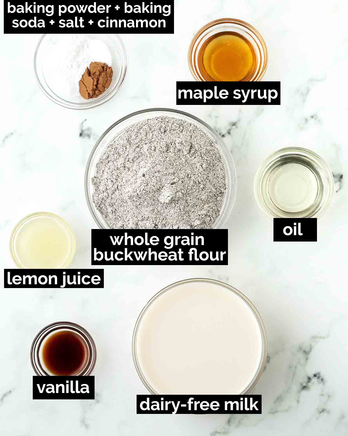 An overhead shot showing the ingredients needed to make vegan buckwheat cookies.