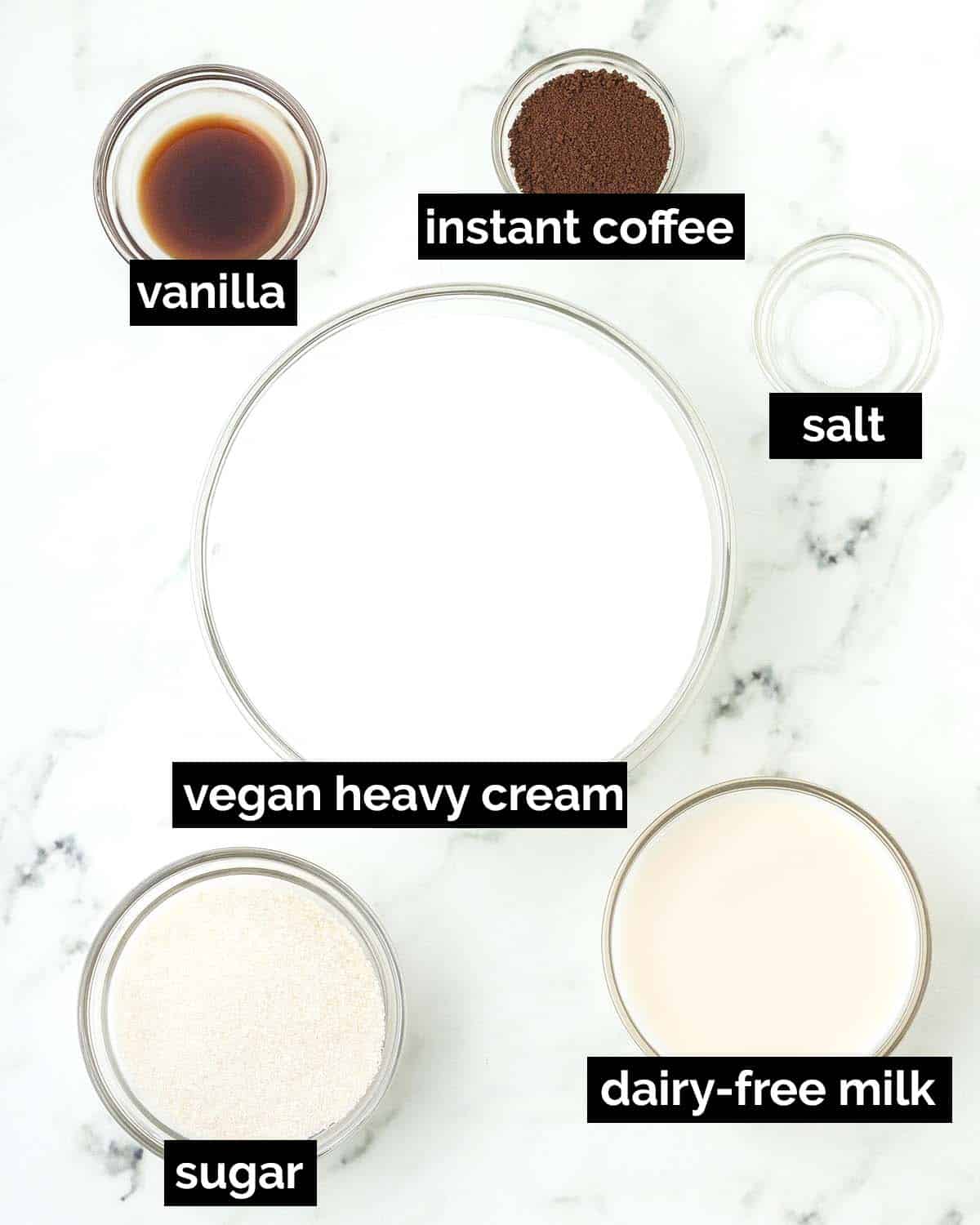 An overhead shot showing the ingredients needed to make vegan coffee ice cream.